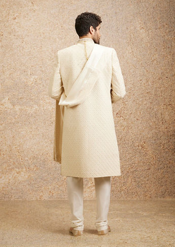 alt message - Twamev Men Shell Cream Embroidered Sherwani Set image number 3