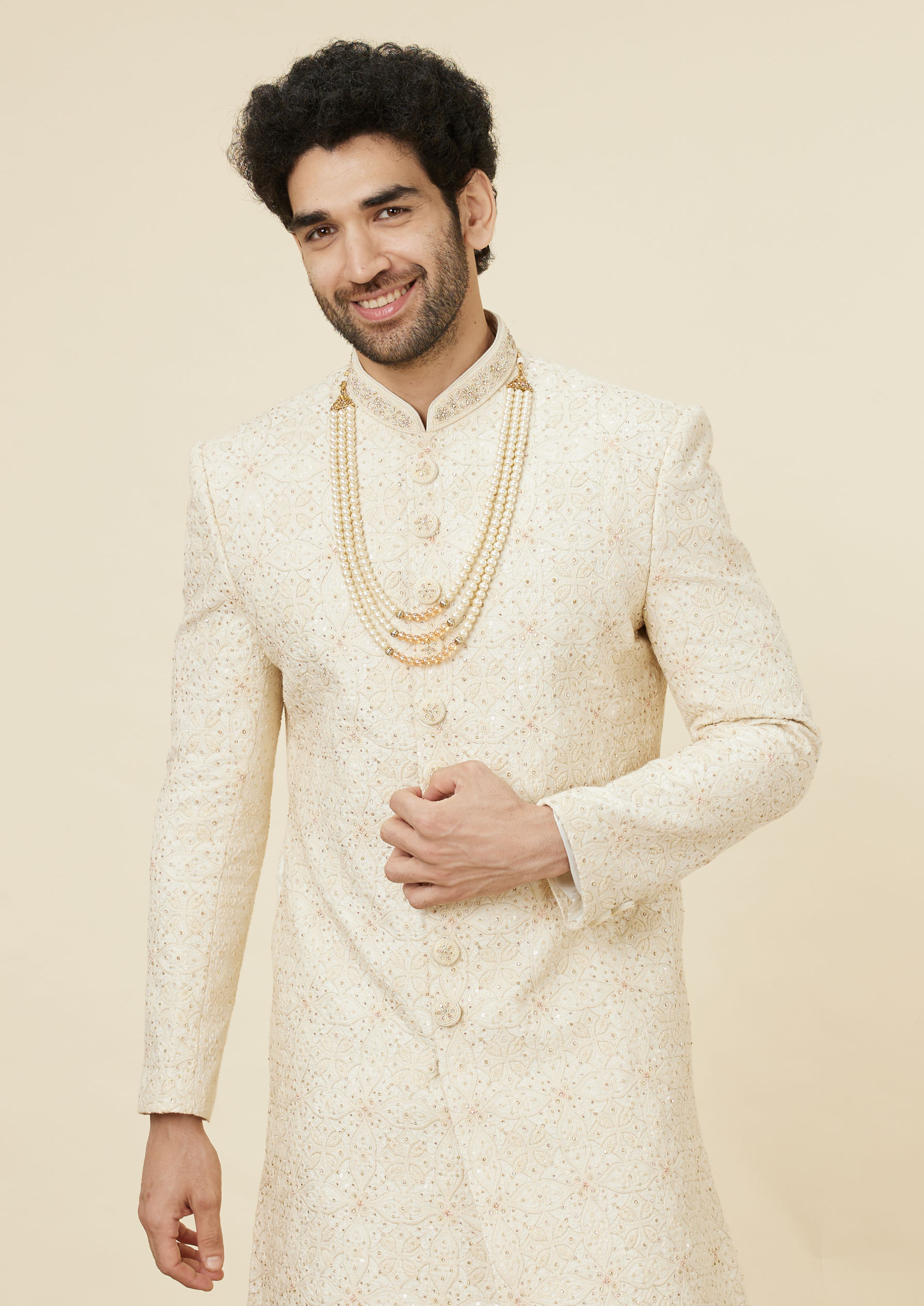 Twamev Men Cream Stone Spotlight Sherwani