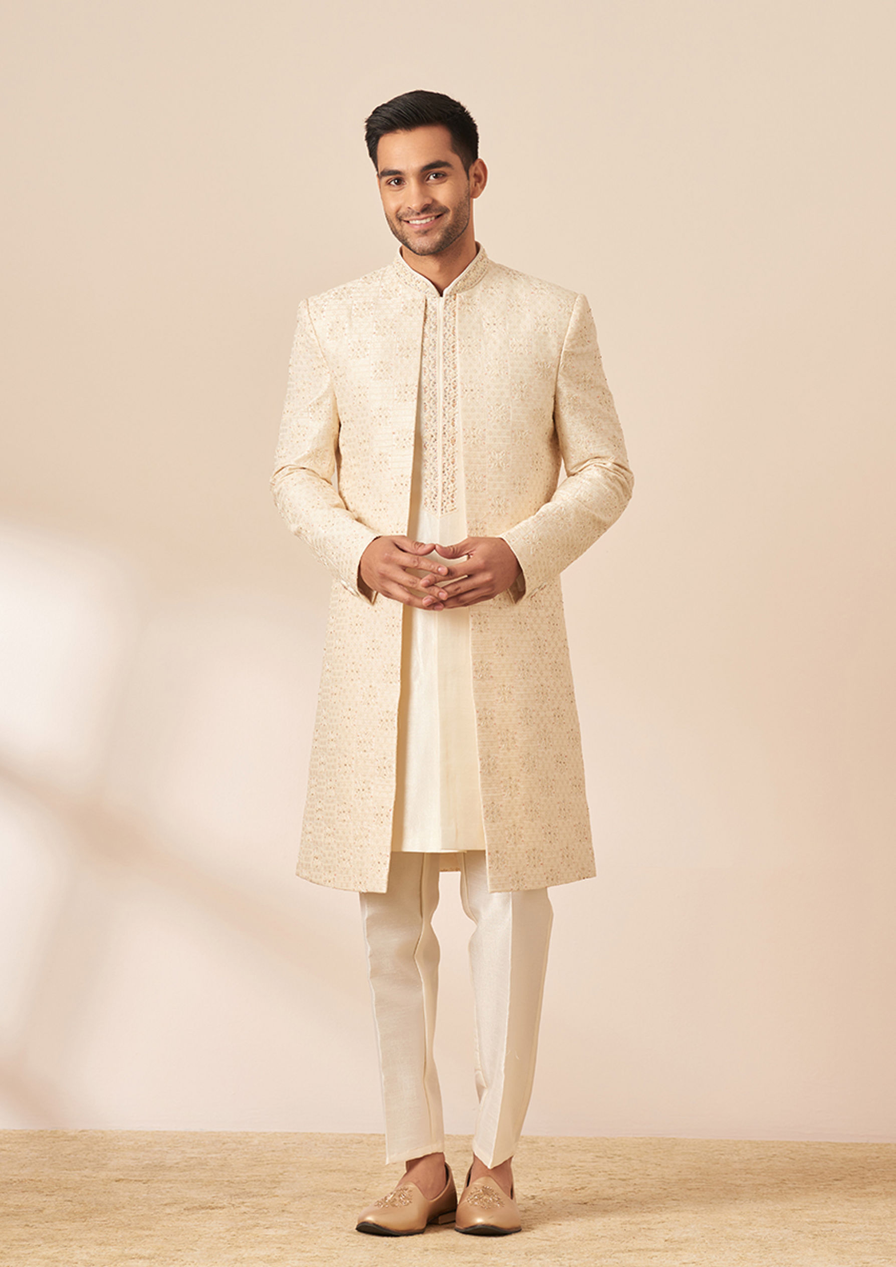 Twamev Men Light Cream Embroidered Jacket Style Sherwani