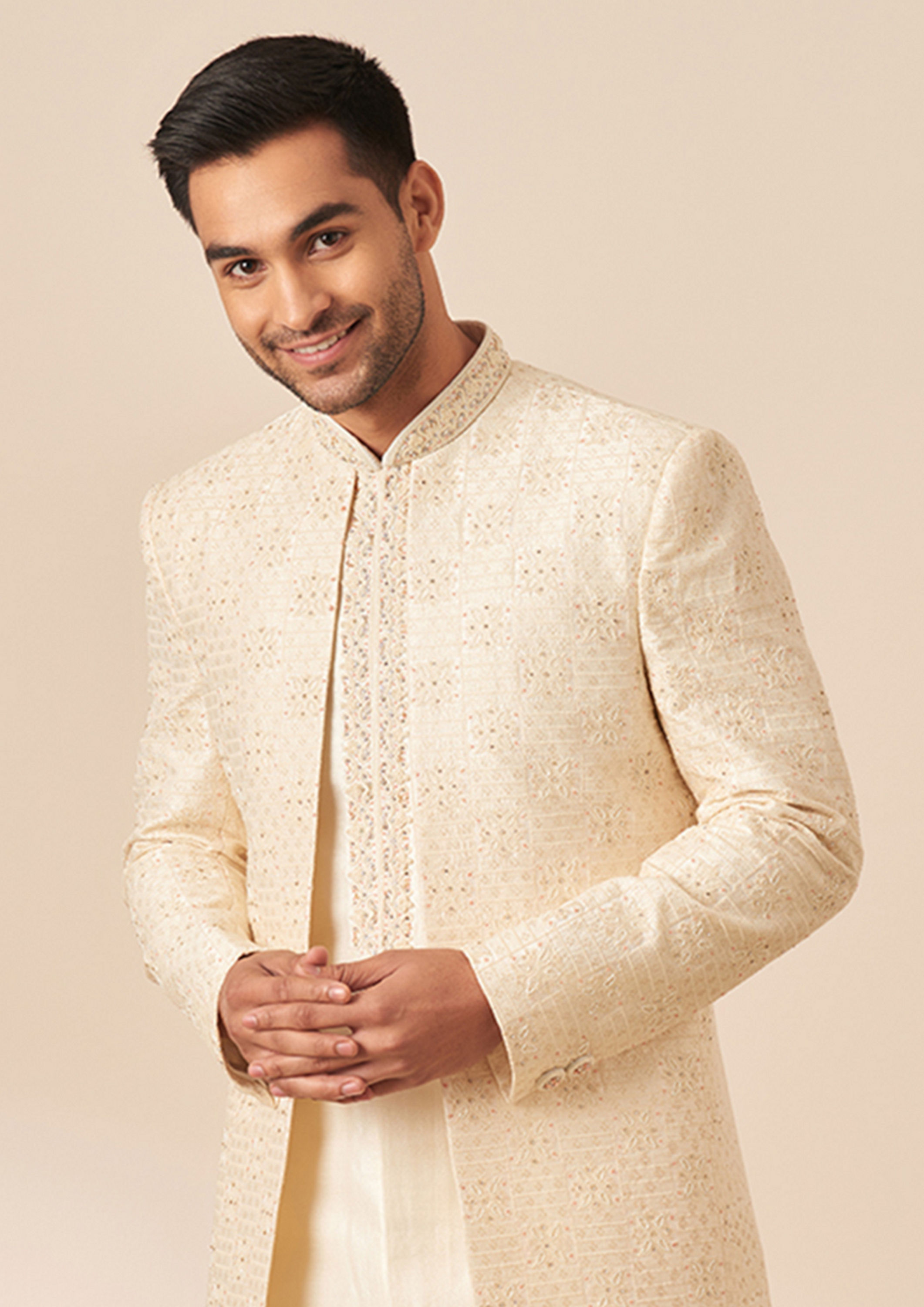 Twamev Men Light Cream Embroidered Jacket Style Sherwani