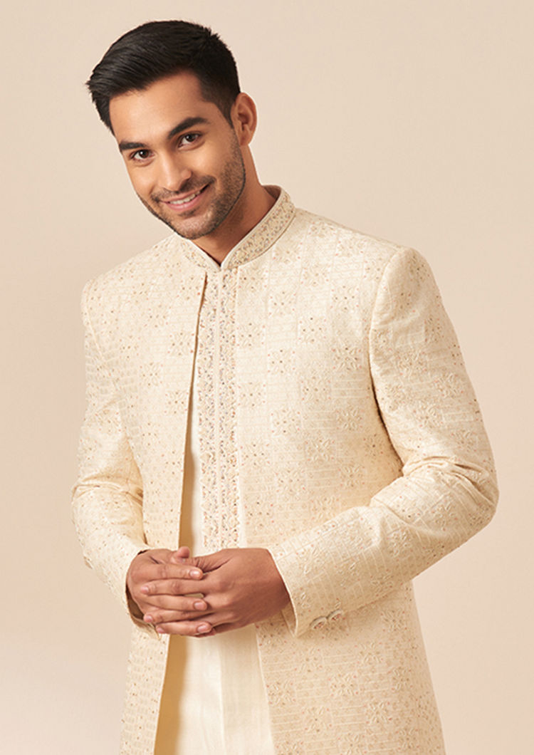 Twamev Men Light Cream Embroidered Jacket Style Sherwani