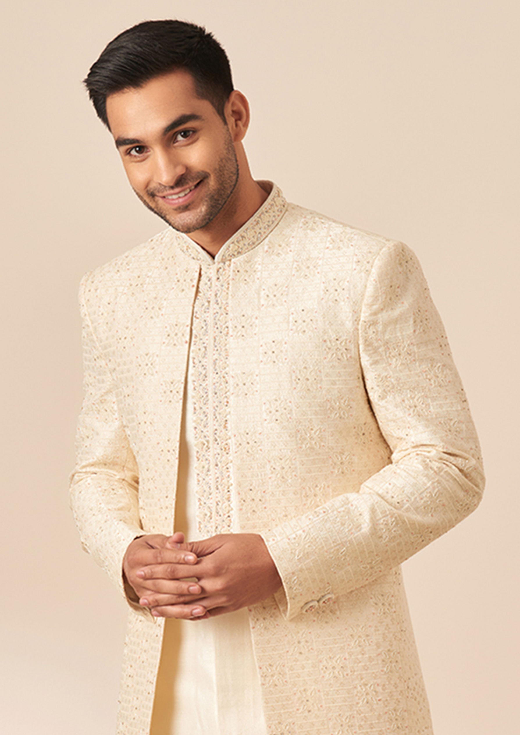 Twamev Men Light Cream Embroidered Jacket Style Sherwani
