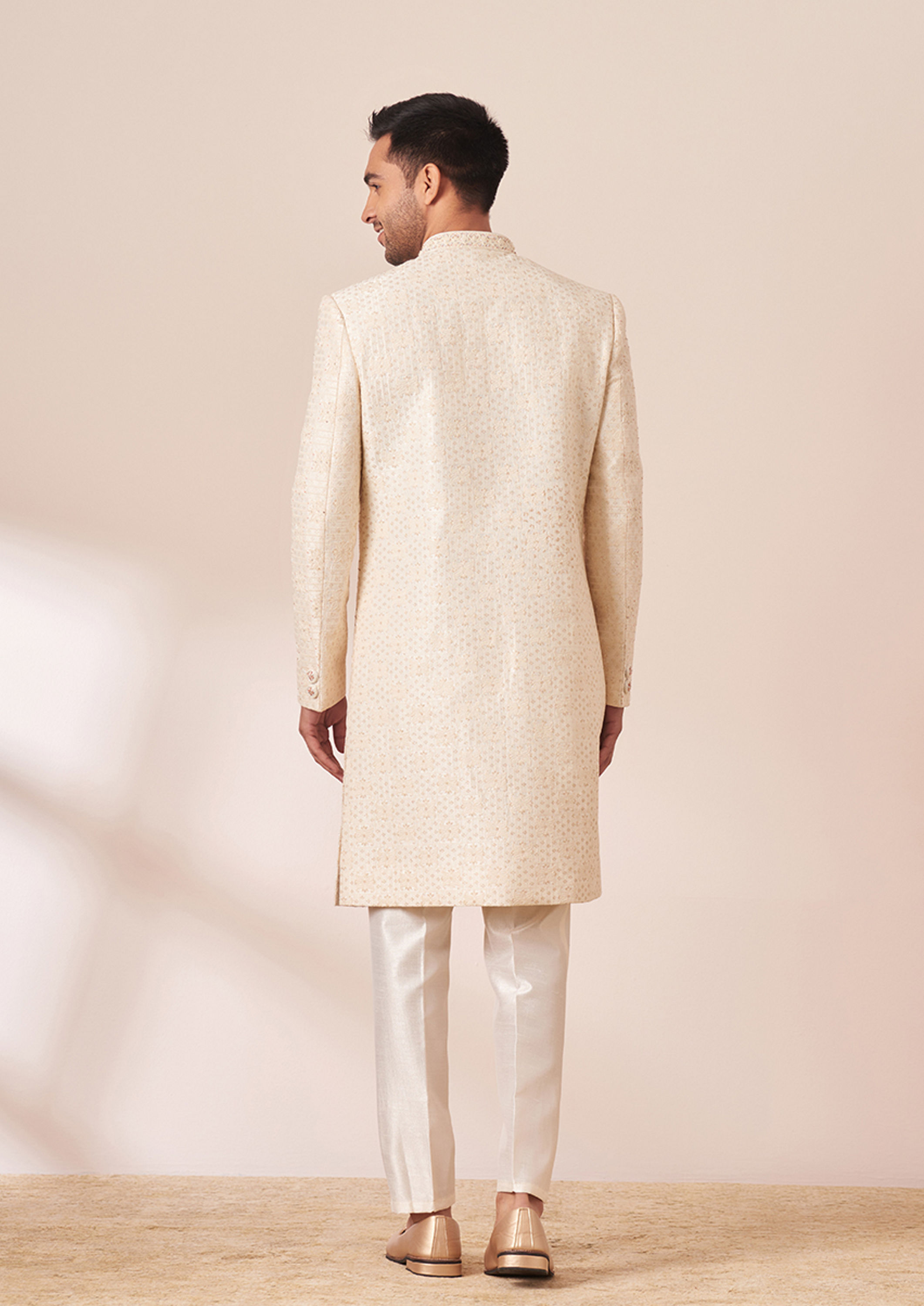 Twamev Men Light Cream Embroidered Jacket Style Sherwani