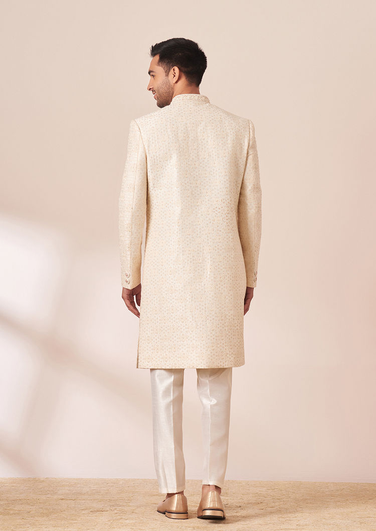 Twamev Men Light Cream Embroidered Jacket Style Sherwani