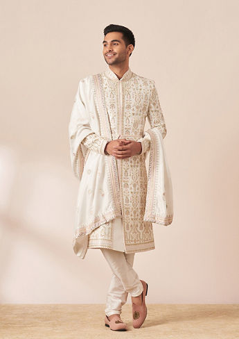 alt message - Twamev Men Off White Self Embroidered Sherwani with Dupatta image number 1