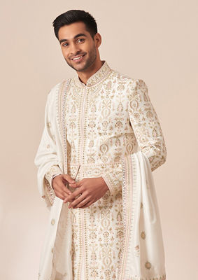 alt message - Twamev Men Off White Self Embroidered Sherwani with Dupatta image number 0