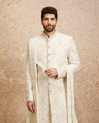 Twamev Men Ivory Silk Zardosi Embroidered Sherwani