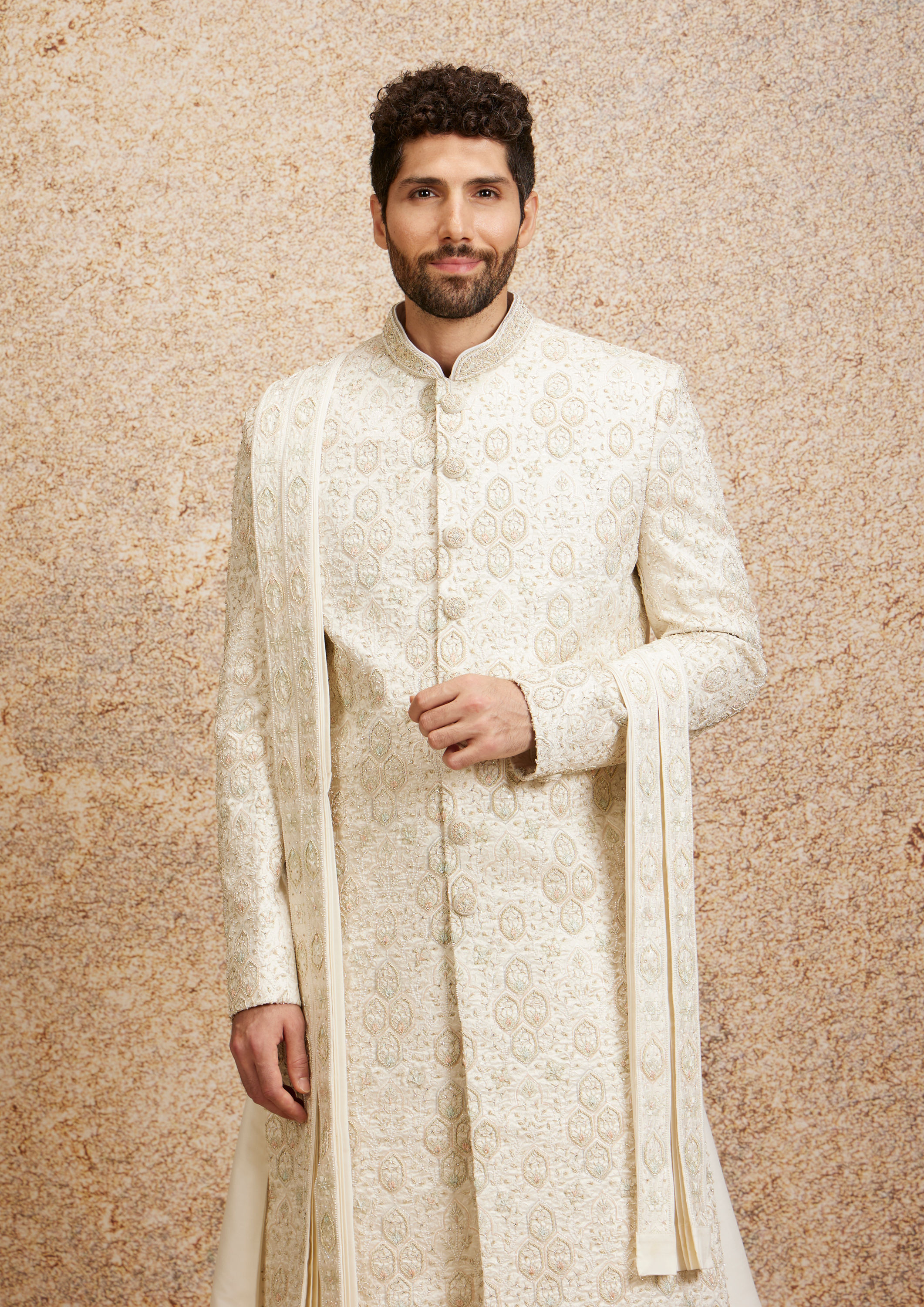 Twamev Men Regal Warm White Georgette Sherwani image number 0