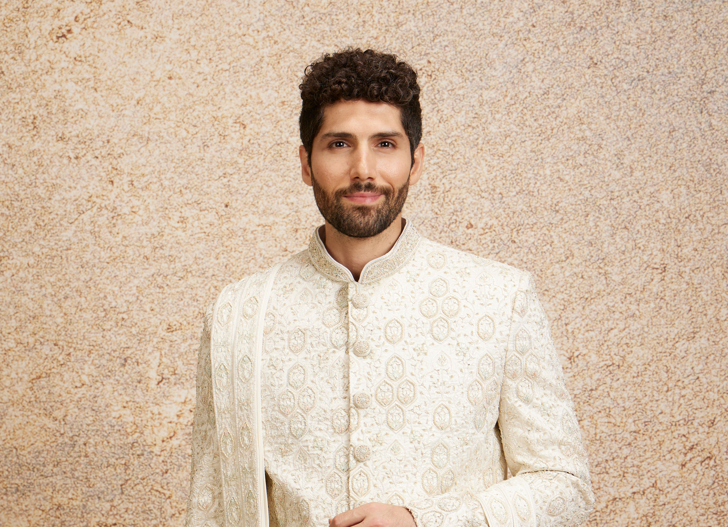 Twamev Men Ivory Silk Zardosi Embroidered Sherwani