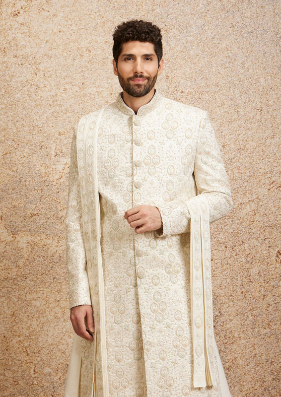 Twamev Men Regal Warm White Georgette Sherwani image number 0