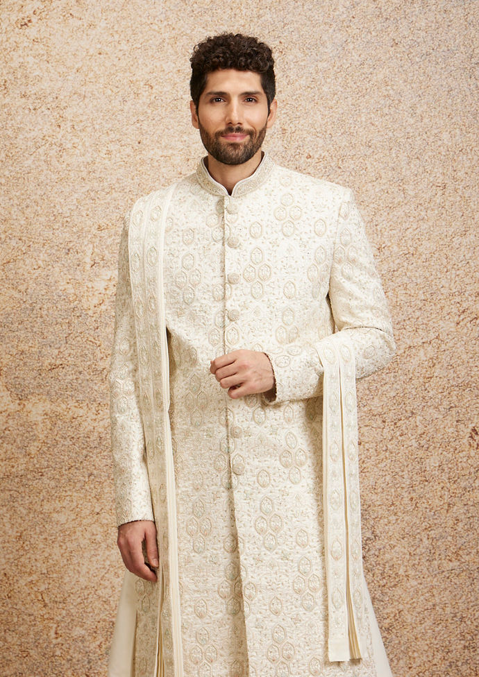 Twamev Men Regal Warm White Georgette Sherwani image number 0