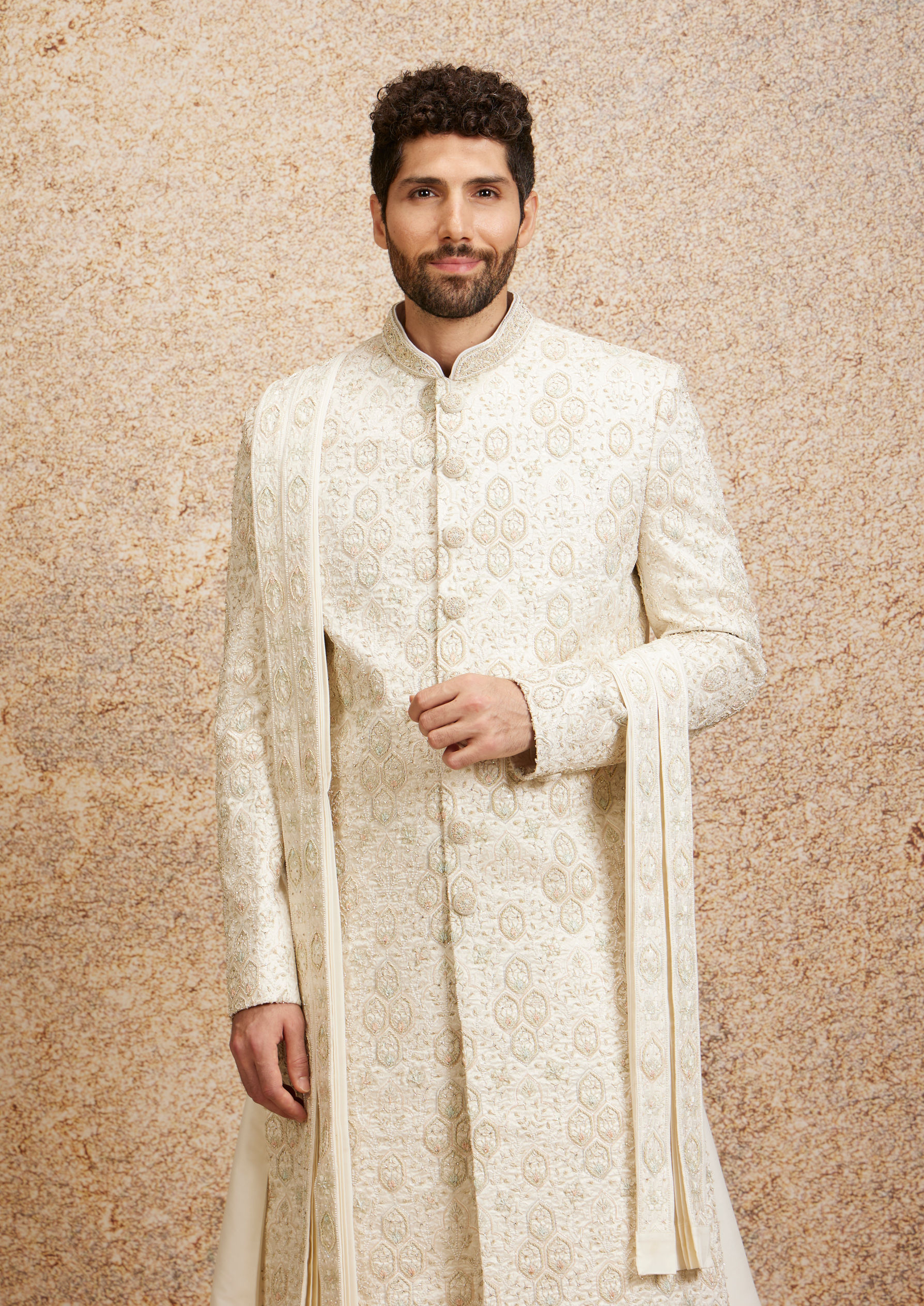 Twamev Men Regal Warm White Georgette Sherwani image number 0