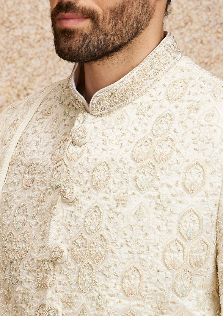 Twamev Men Regal Warm White Georgette Sherwani image number 1