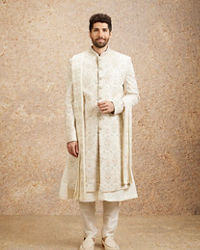 Twamev Men Ivory Silk Zardosi Embroidered Sherwani