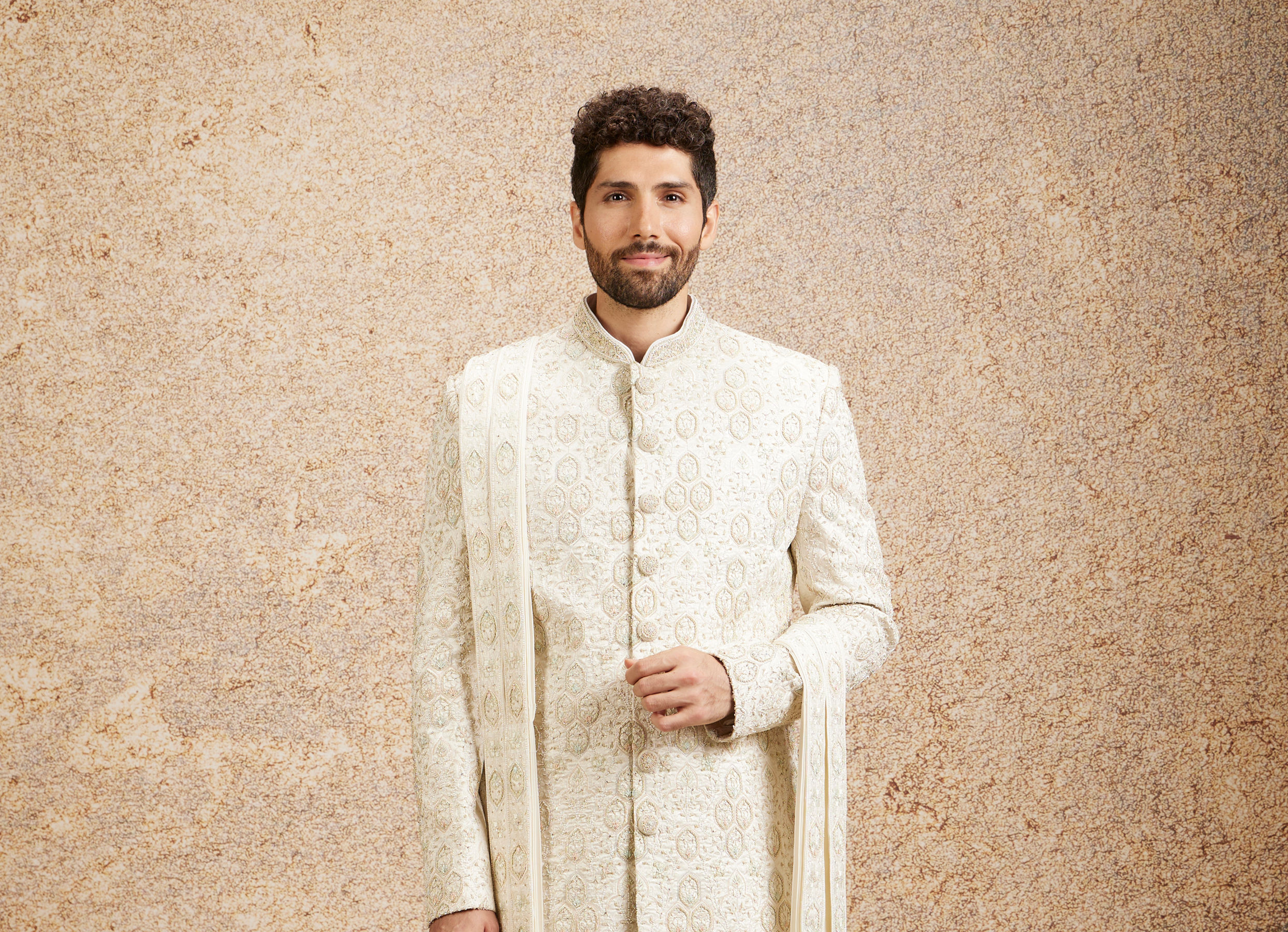 Twamev Men Ivory Silk Zardosi Embroidered Sherwani