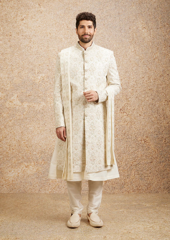 Twamev Men Regal Warm White Georgette Sherwani image number 2