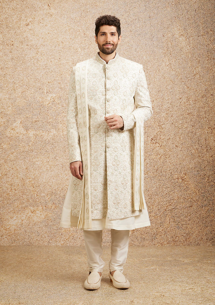 Twamev Men Regal Warm White Georgette Sherwani