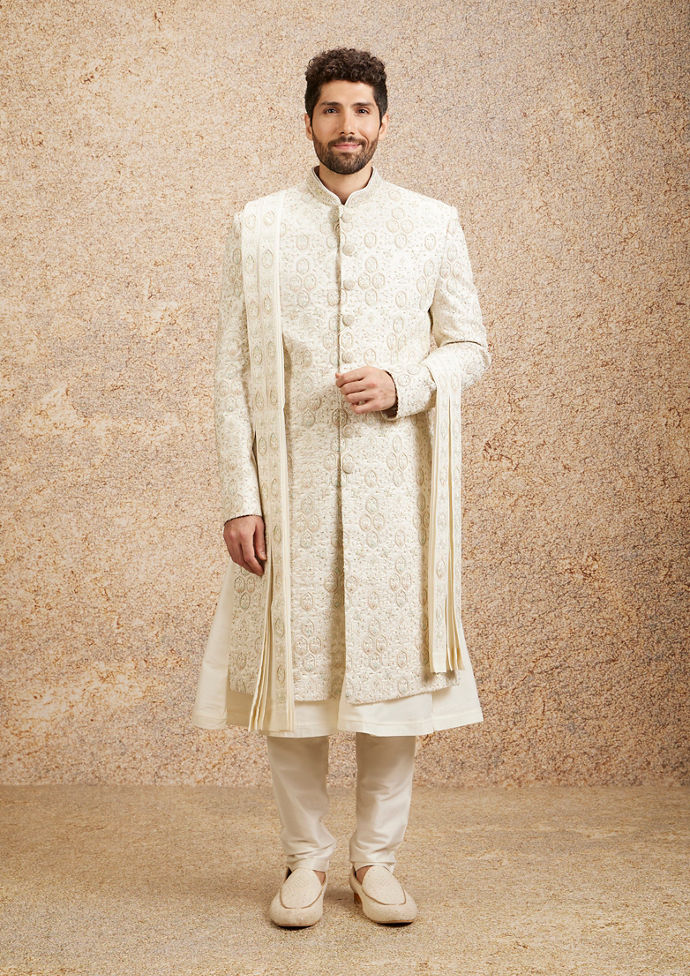 Twamev Men Regal Warm White Georgette Sherwani image number 2