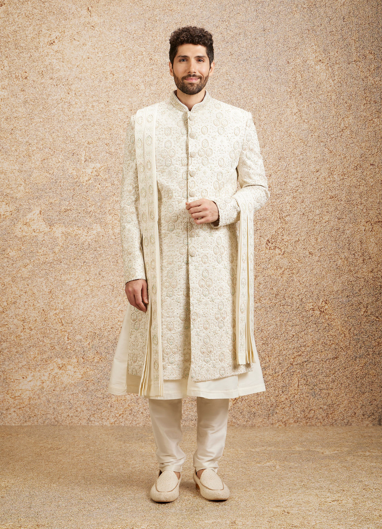 Twamev Men Ivory Silk Zardosi Embroidered Sherwani
