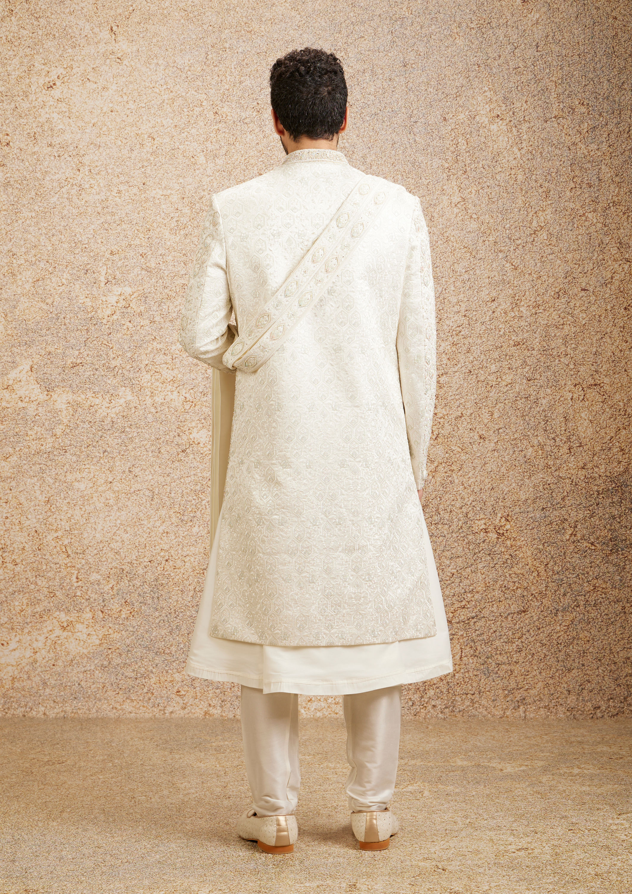 Twamev Men Regal Warm White Georgette Sherwani image number 3