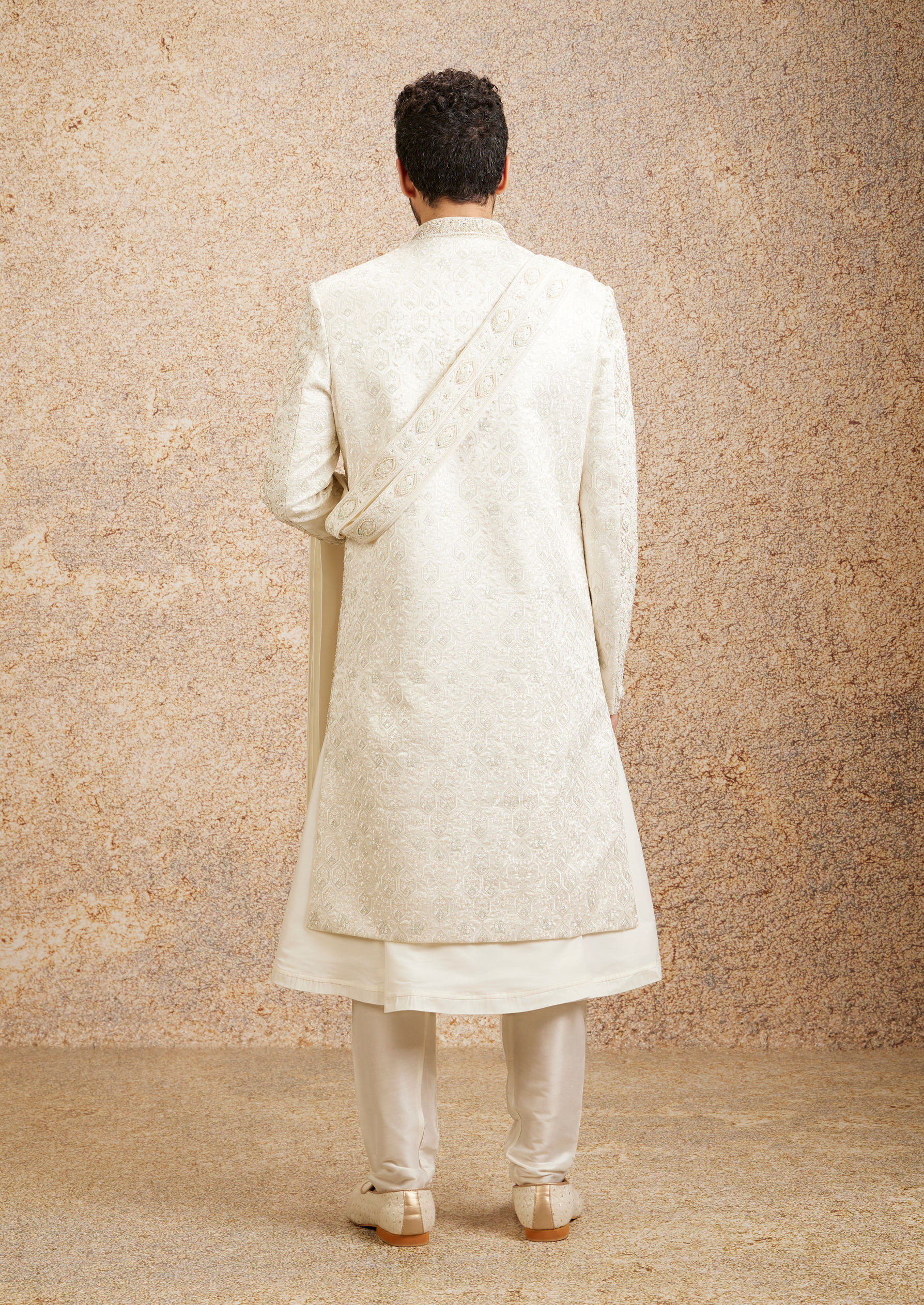 Twamev Men Regal Warm White Georgette Sherwani