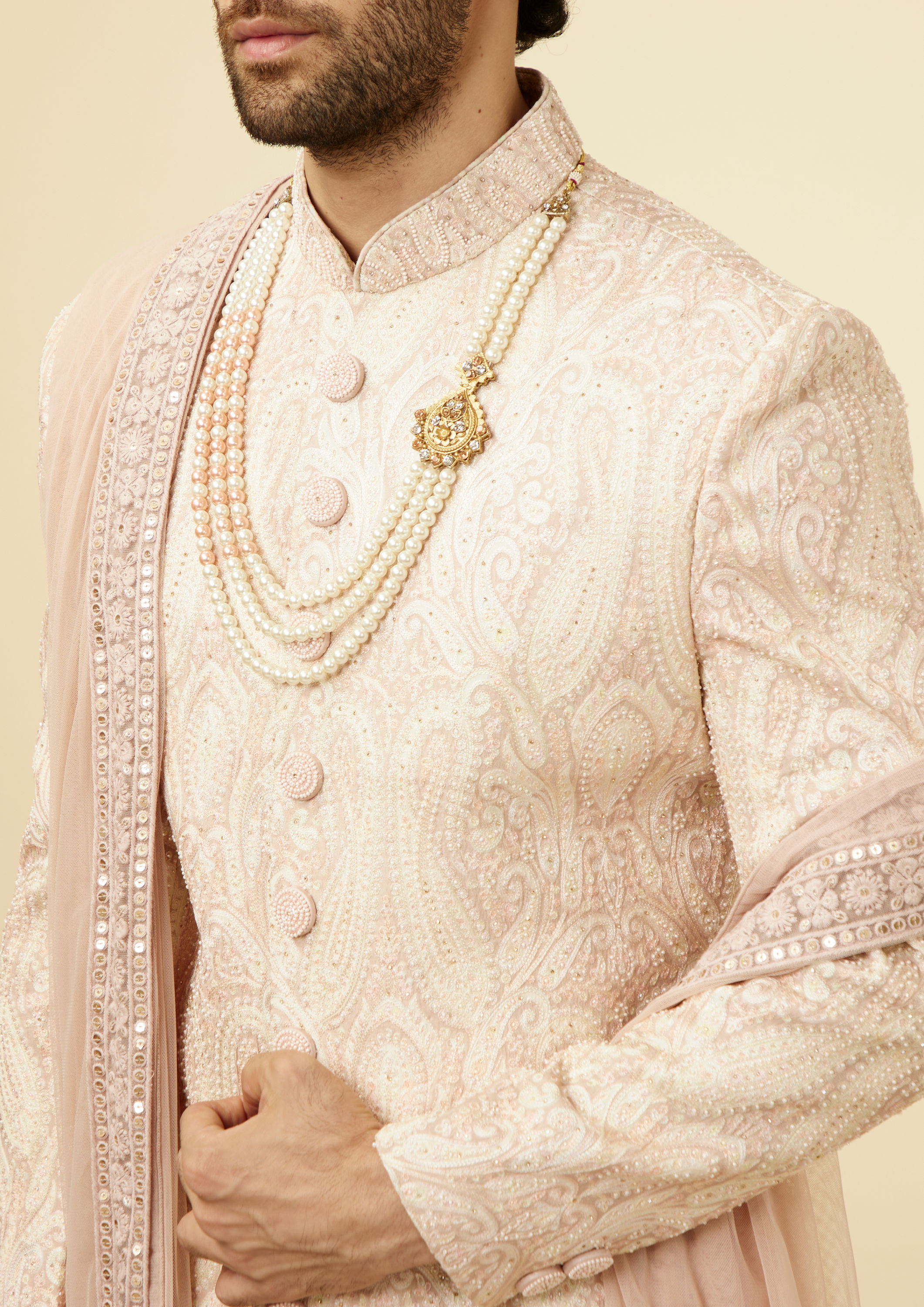 Twamev Men Subtle Beige Purple Sherwani