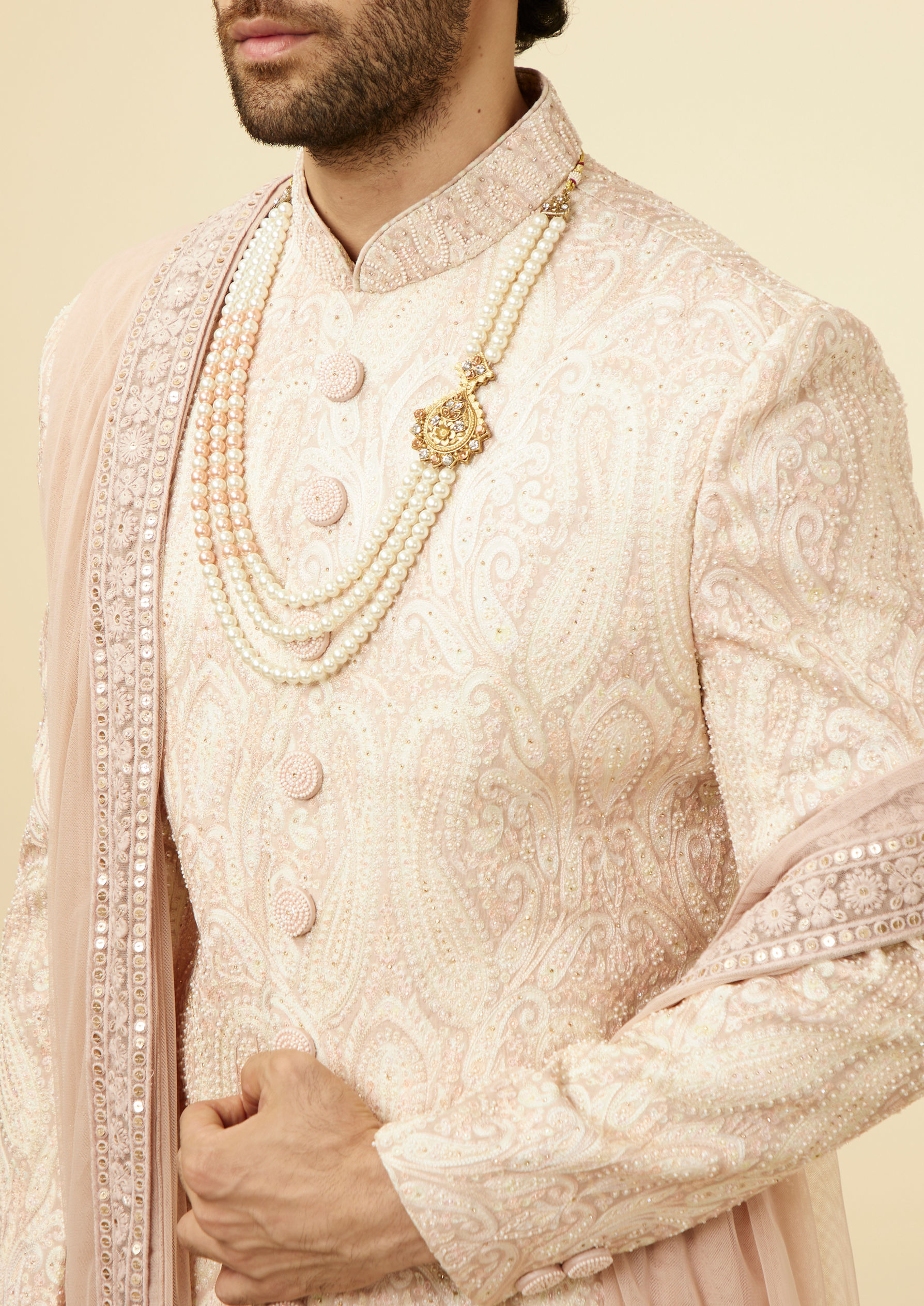 Twamev Men Subtle Beige Purple Sherwani