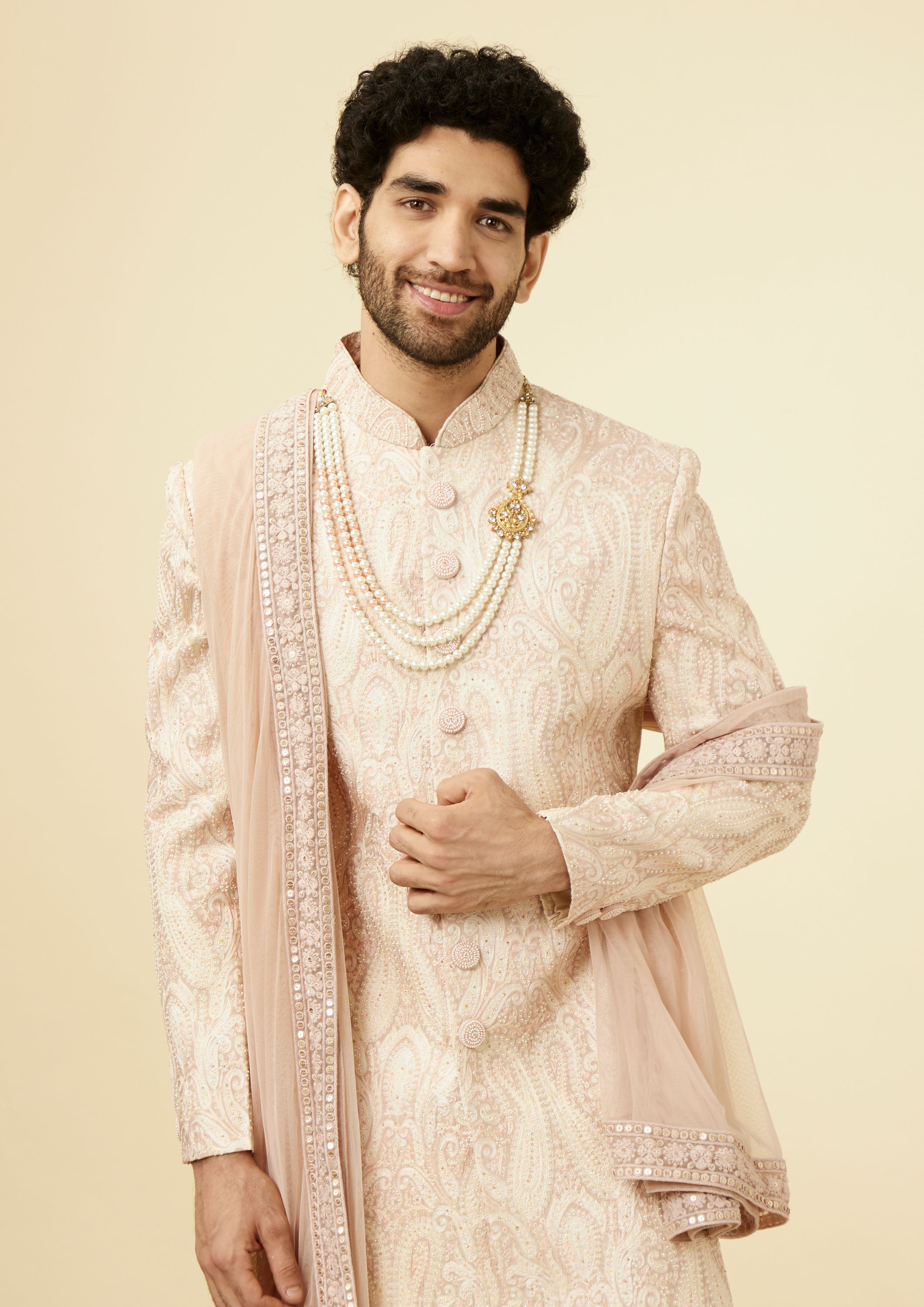 Twamev Men Subtle Beige Purple Sherwani
