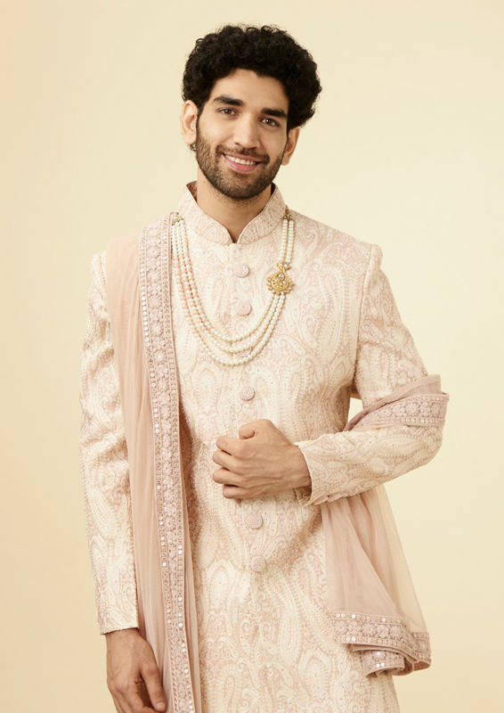 Twamev Men Subtle Beige Purple Sherwani