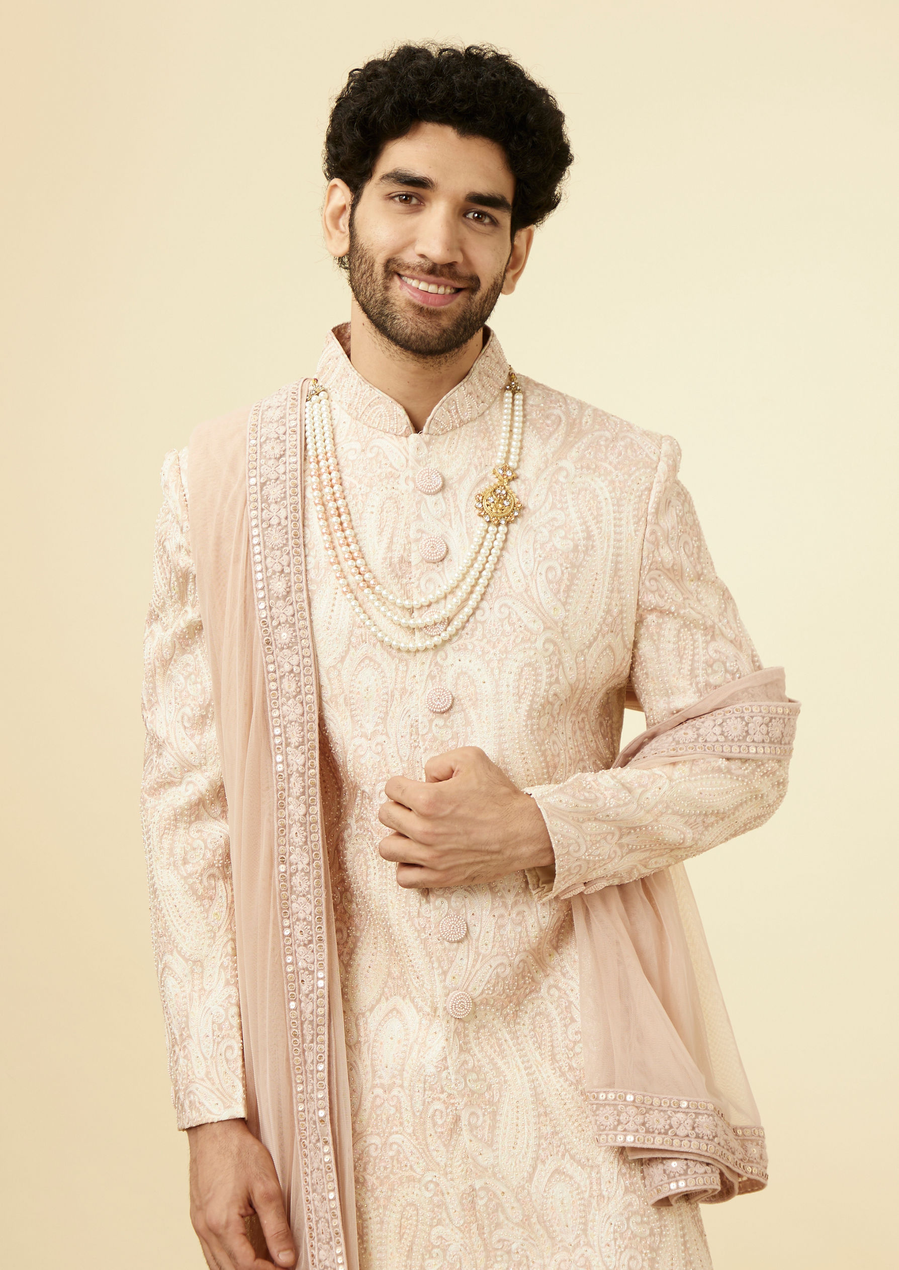 Twamev Men Subtle Beige Purple Sherwani