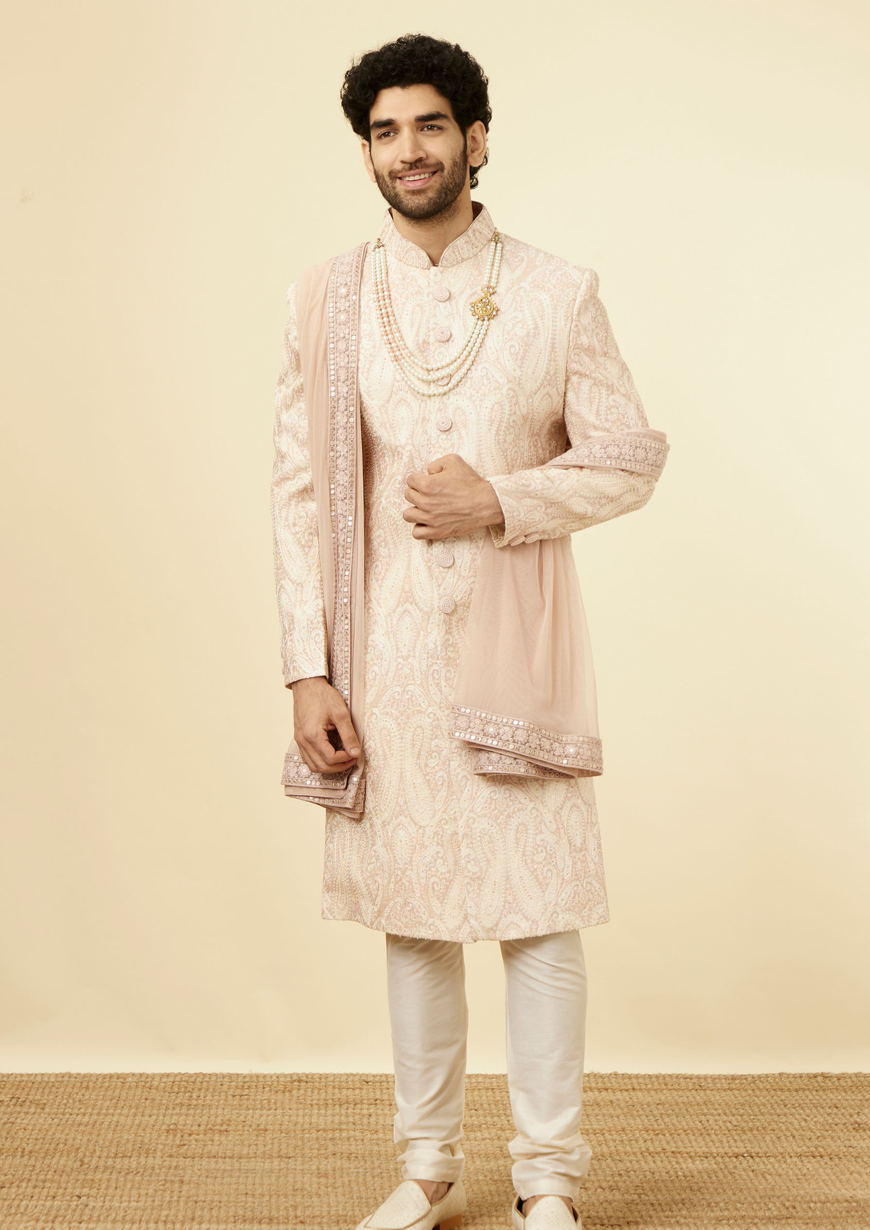Twamev Men Subtle Beige Purple Sherwani
