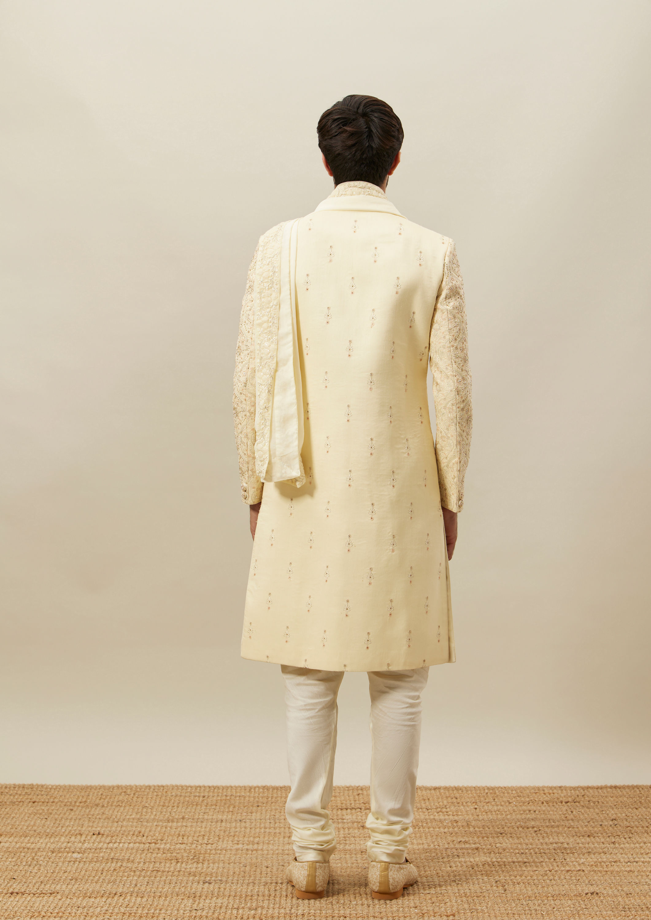 Twamev Men Beige Embroidered Sherwani Set