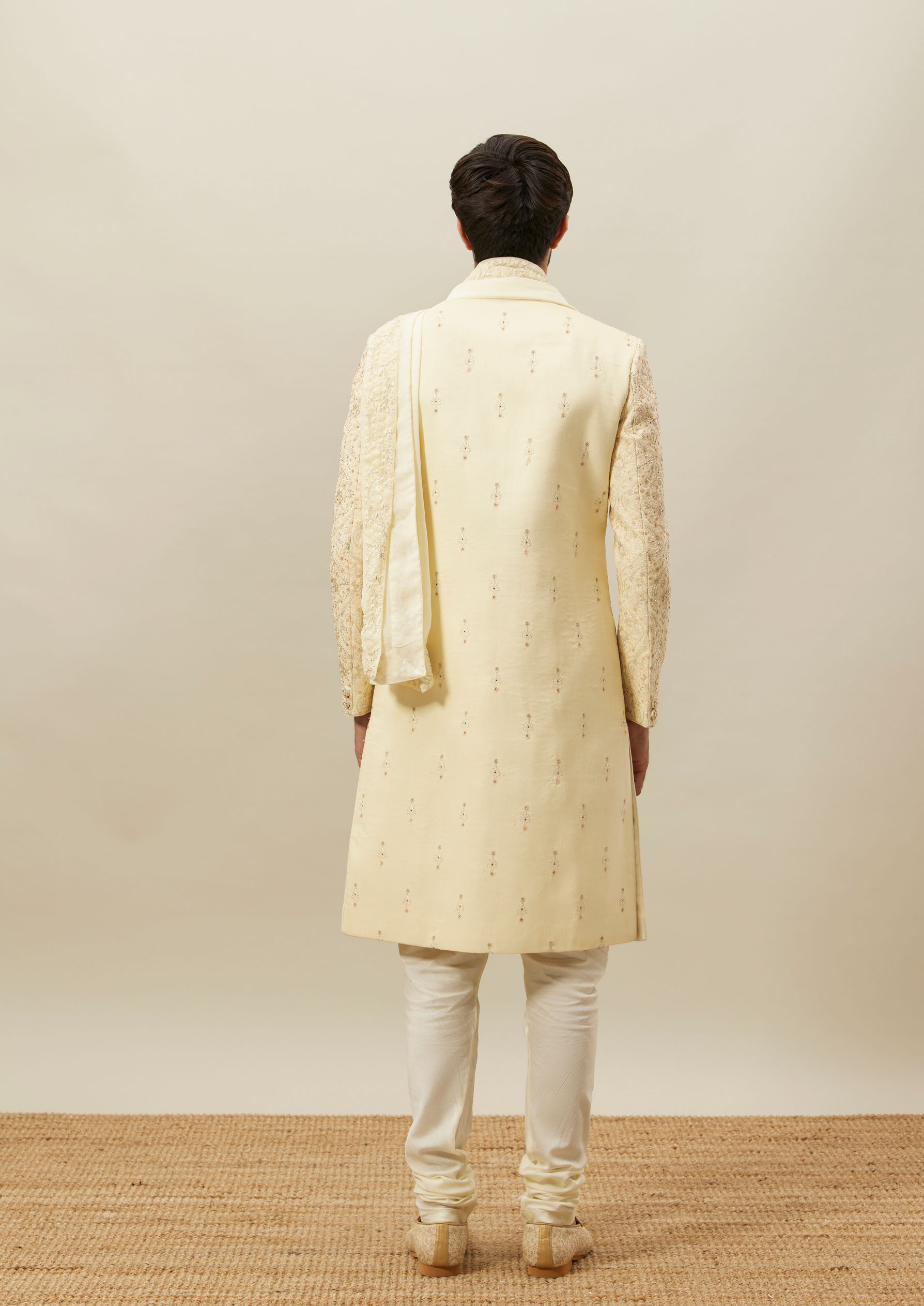 Twamev Men Beige Embroidered Sherwani Set