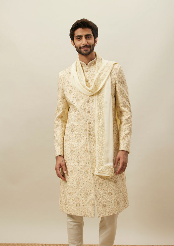 Twamev Men Beige Embroidered Sherwani Set