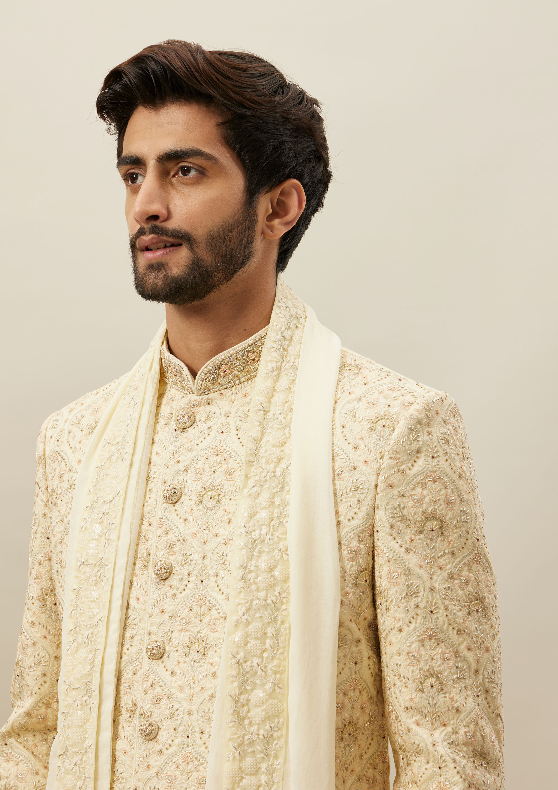 Twamev Men Beige Embroidered Sherwani Set