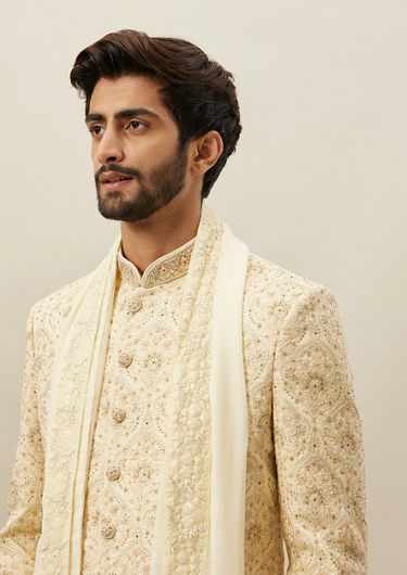 alt message - Twamev Men Beige Embroidered Sherwani Set image number 1