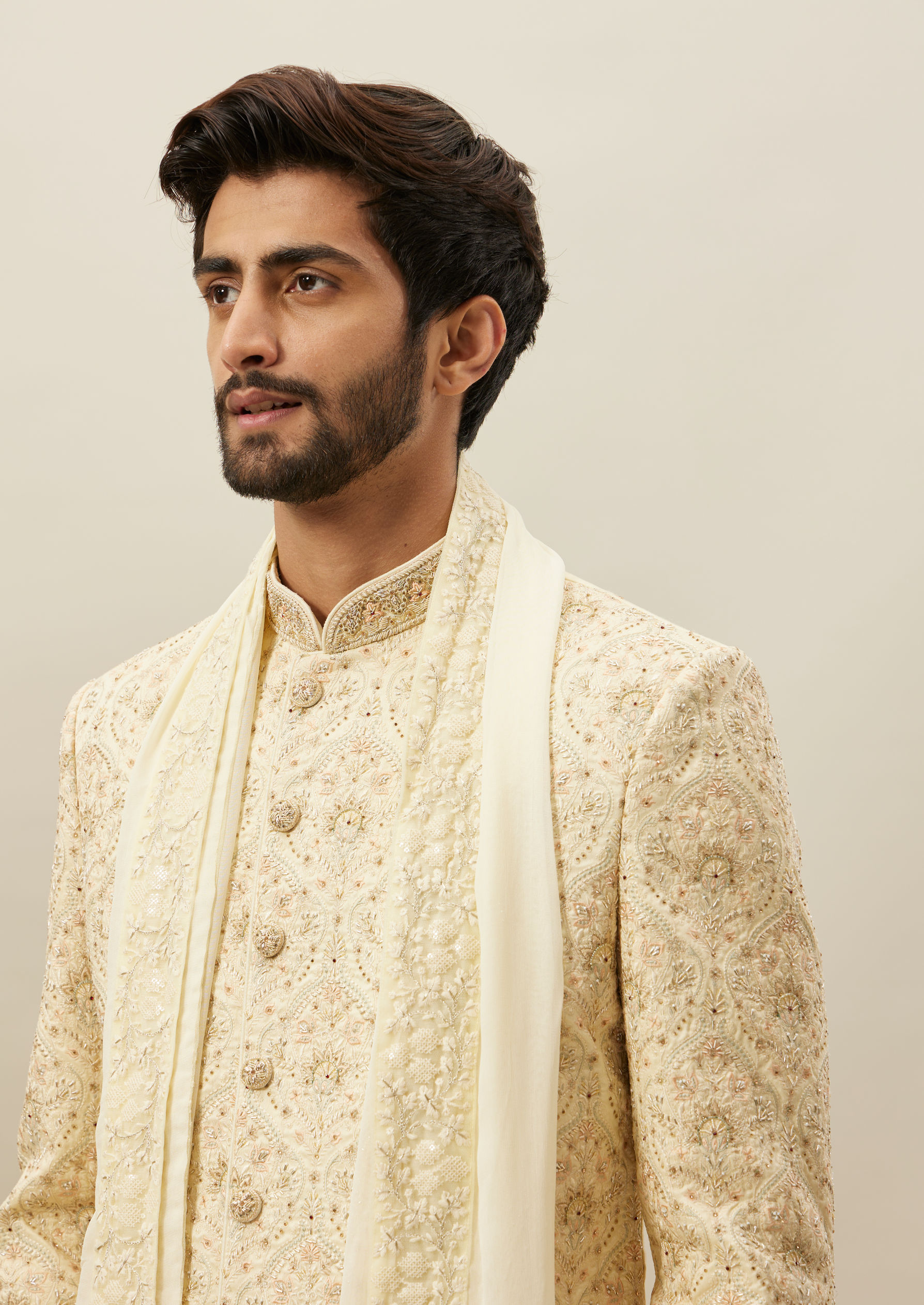 Twamev Men Beige Embroidered Sherwani Set image number 1