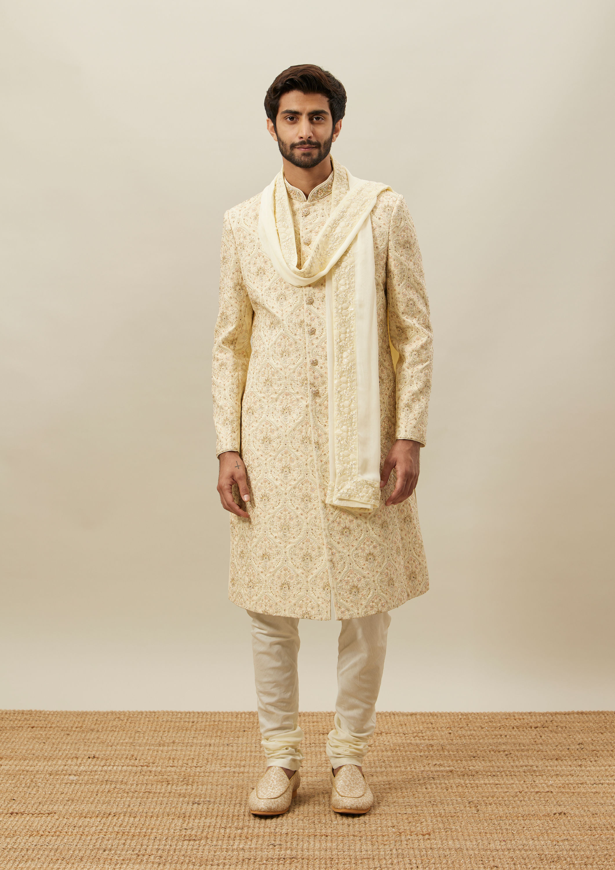 Twamev Men Beige Embroidered Sherwani Set