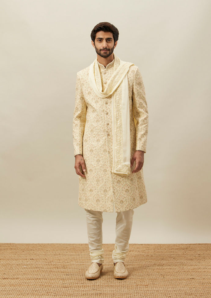 Twamev Men Beige Embroidered Sherwani Set