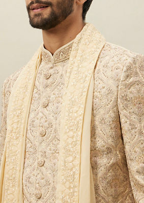 alt message - Twamev Men Biscuit Embroidered Sherwani Set image number 1