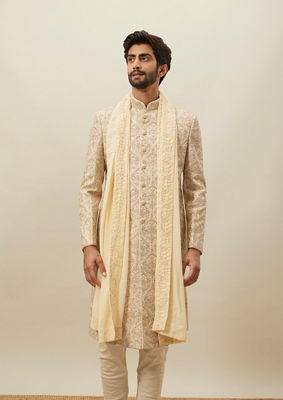 alt message - Twamev Men Biscuit Embroidered Sherwani Set image number 0