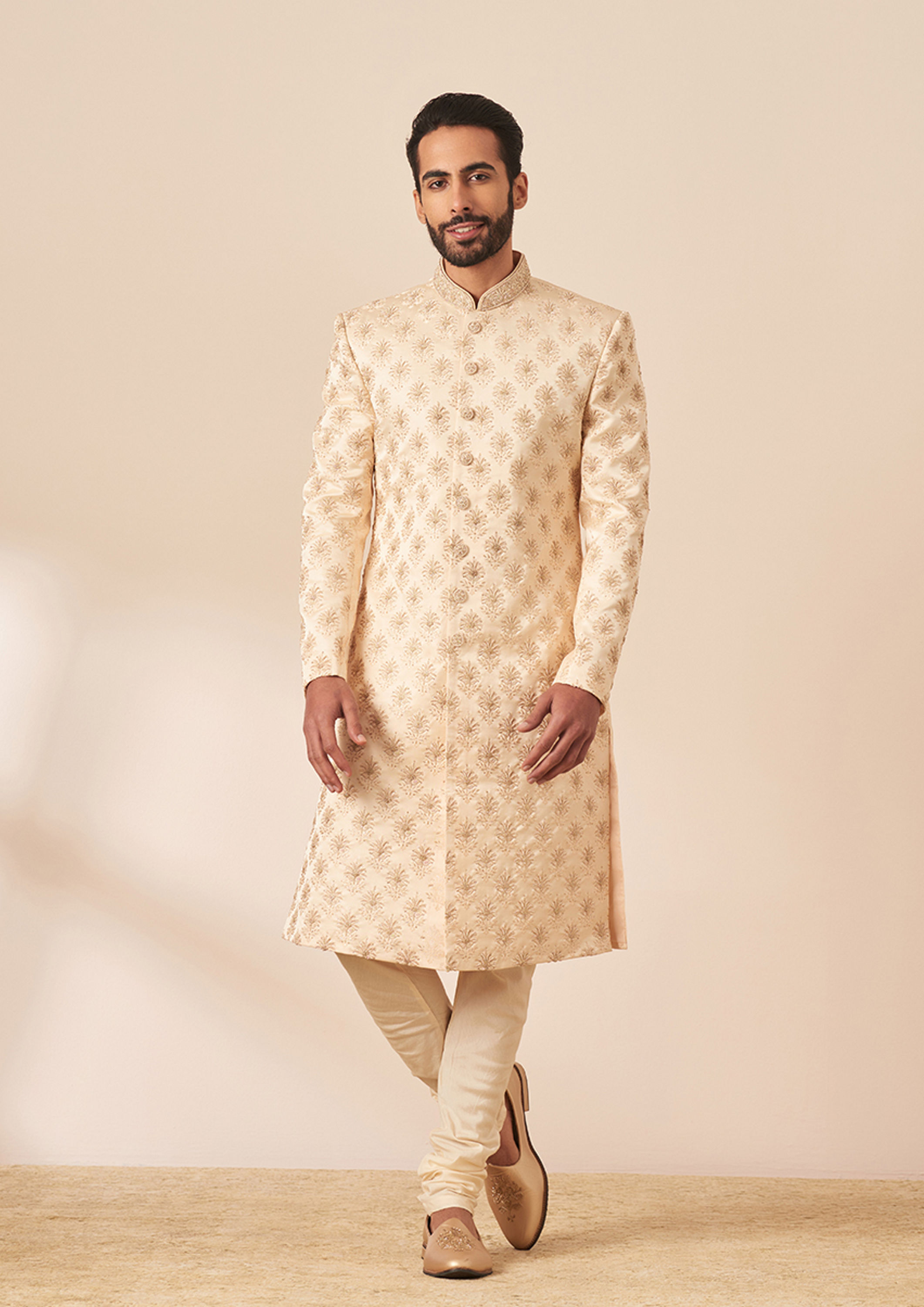 Twamev Men Faded Pink All Over Work Sherwani