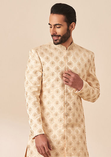 alt message - Twamev Men Faded Pink All Over Work Sherwani image number 0