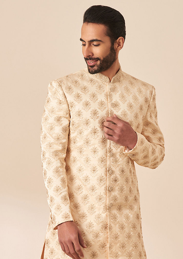 Twamev Men Faded Pink All Over Work Sherwani