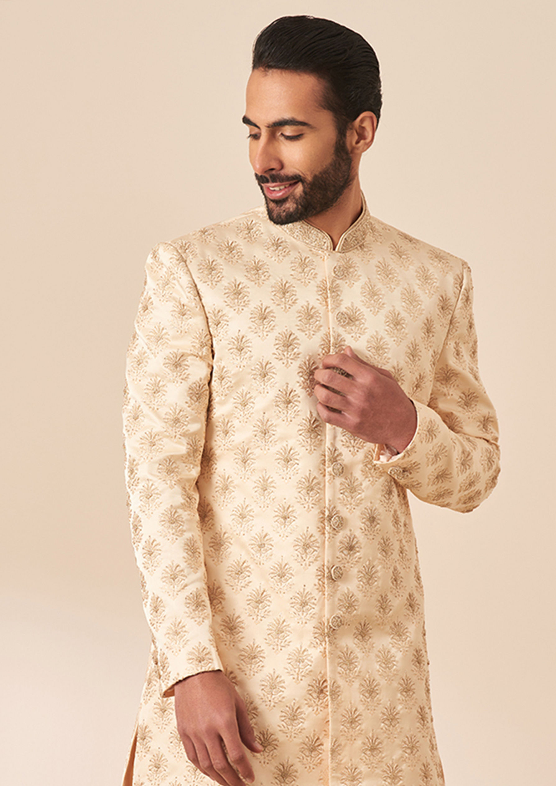 Twamev Men Faded Pink All Over Work Sherwani