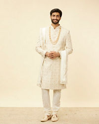 Twamev Men Warm White Sherwani with Embroidery & Zari Details