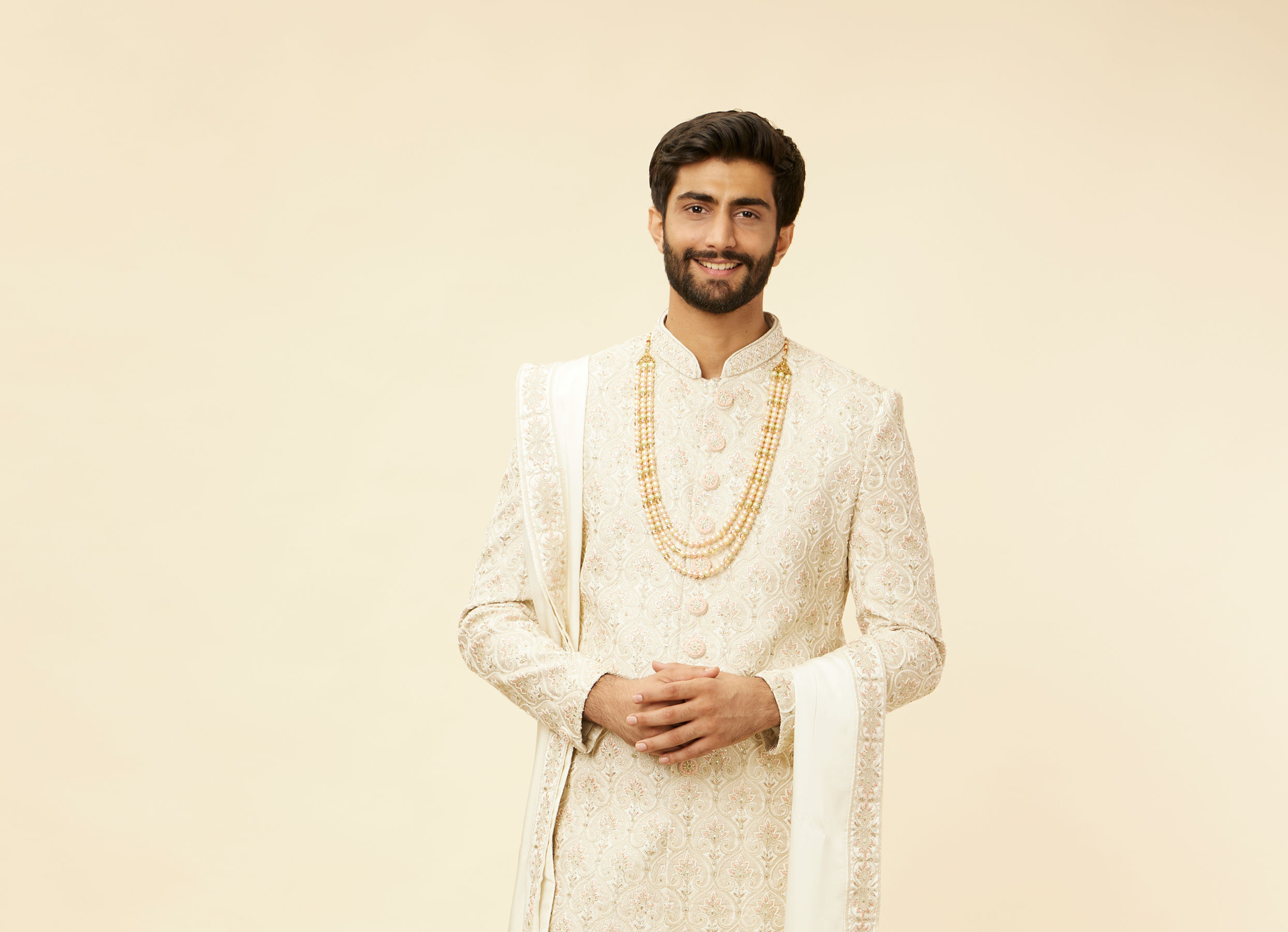 Twamev Men Warm White Sherwani with Embroidery & Zari Details