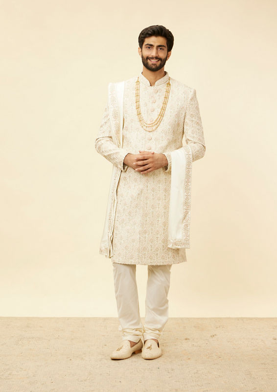 Twamev Men Warm White Sherwani with Embroidery & Zari Details