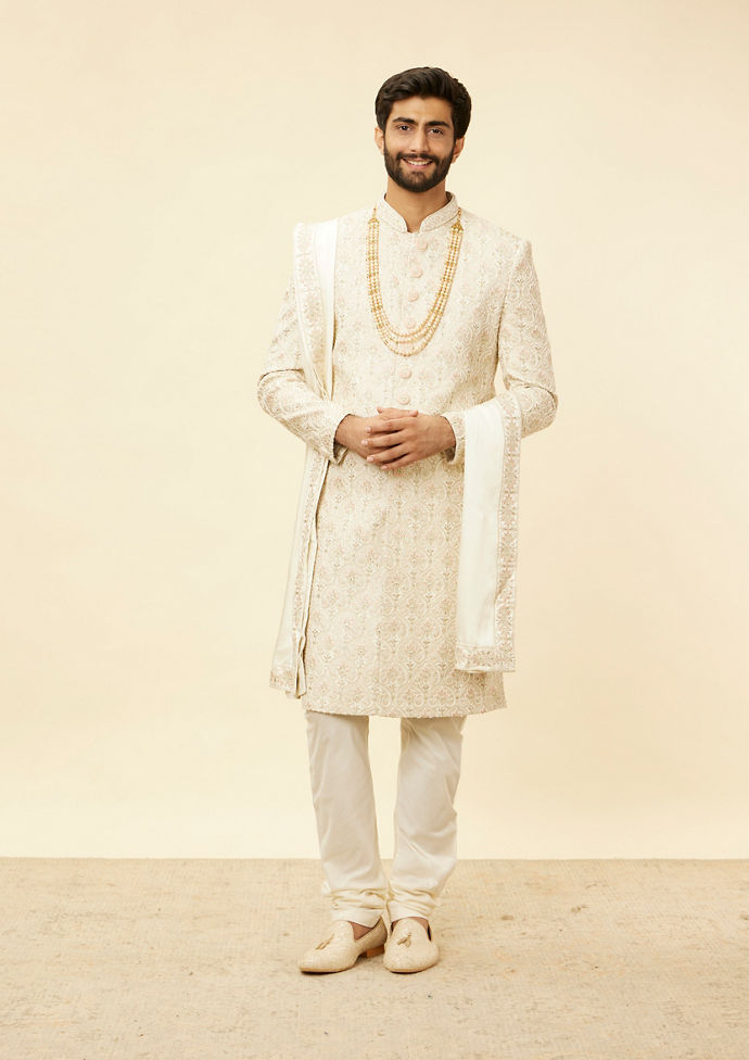 Twamev Men Warm White Sherwani with Embroidery & Zari Details