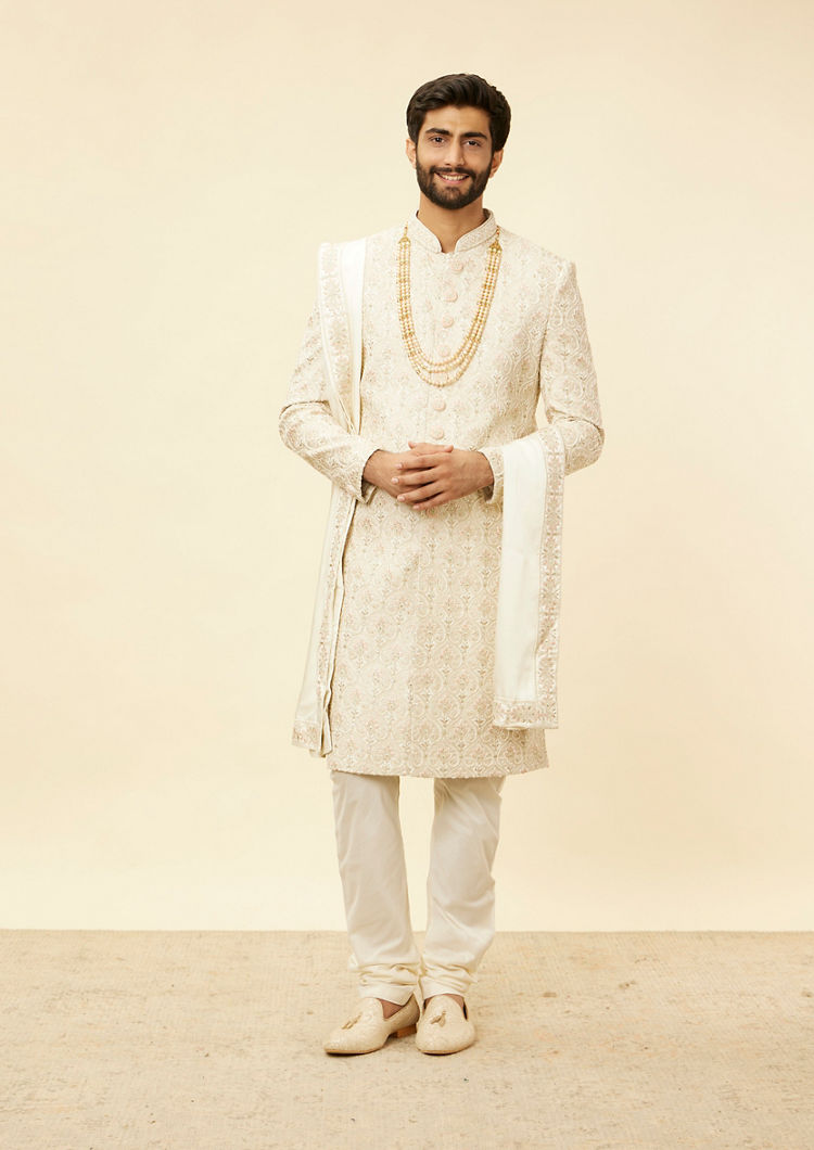 Twamev Men Warm White Sherwani with Embroidery & Zari Details